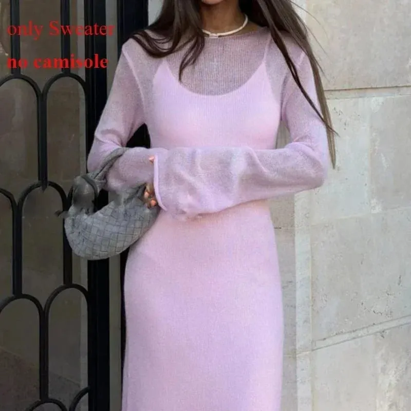 Spring Autumn O-Neck Elastic Knit Long Dresses Women 2024 Elegant Chic Soft Lady Hollowing Sweater Dresses Femme New — image 8