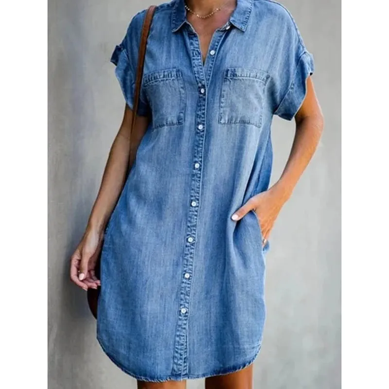 Abito estivo a camicia di jeans monopetto nuovo, tasca allentata casual da donna, semplice gonna corta di jeans da ufficio femminile retrò per pendolari