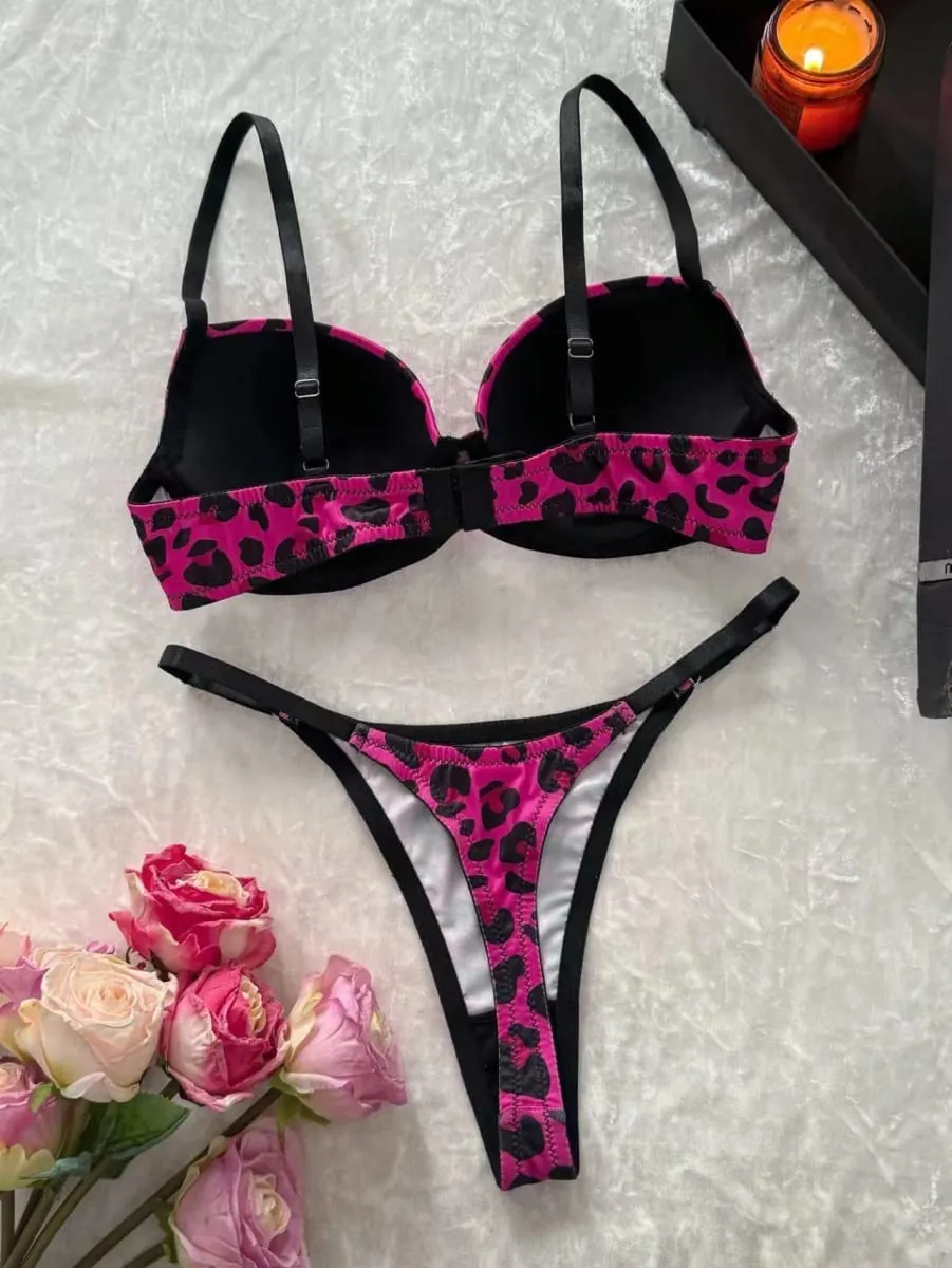 Sexy Leopard Print Bra And Panties Set Comfortable Push Up Lingerie Set