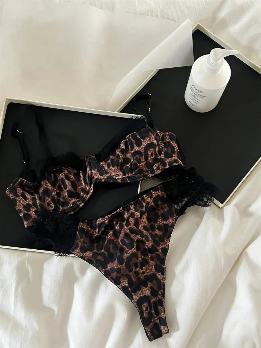 French Underwear Set Leopard Sexy Steel Ring Lace Triangle Cup Bra Brief Suits Vintage Fashion Push Up Lingerie Ins Bodycon — image 3