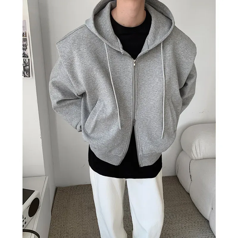 2024 Autumn New Padded Shoulder Design Solid Streetwear Men Double Zip-up Hooded Sweatshirts Harajuku Casual Daily Hoodies — image 8