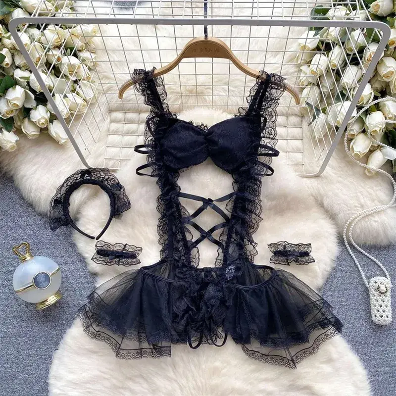 Women' Halter Neck Sleeveless Playsuit Sexy Cute Cow Black And White Contrast Bodysuit Hollow Lace Up Backless Erotic Lingerie — image 34