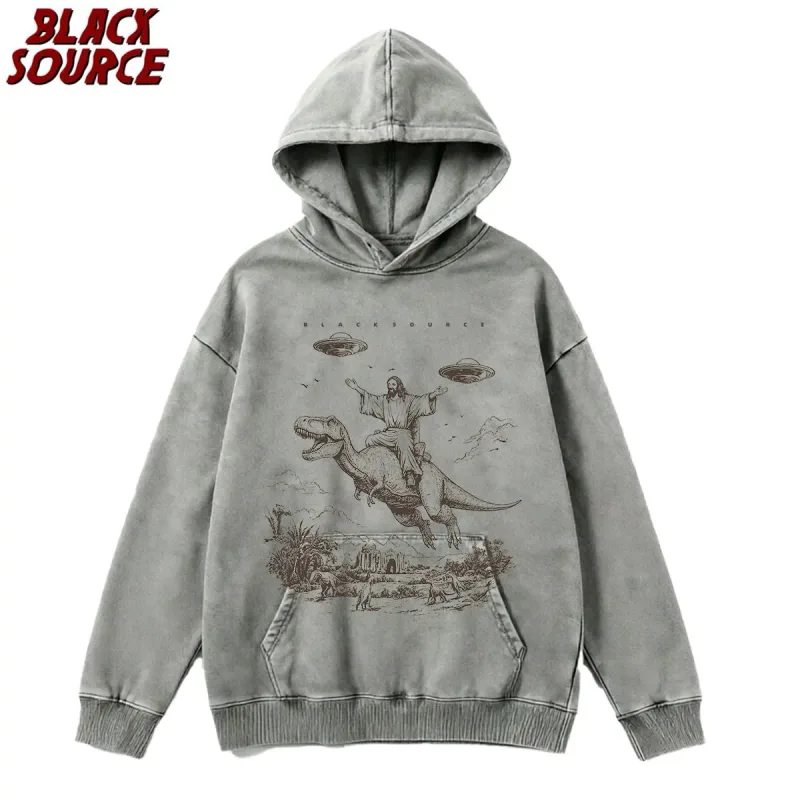 T075 Cartoon Dinosaur Print Hoodie, Women's Unisex Vintage Pullover Sweatshirt, Casual Distressed Design for Daily Wear — image 18
