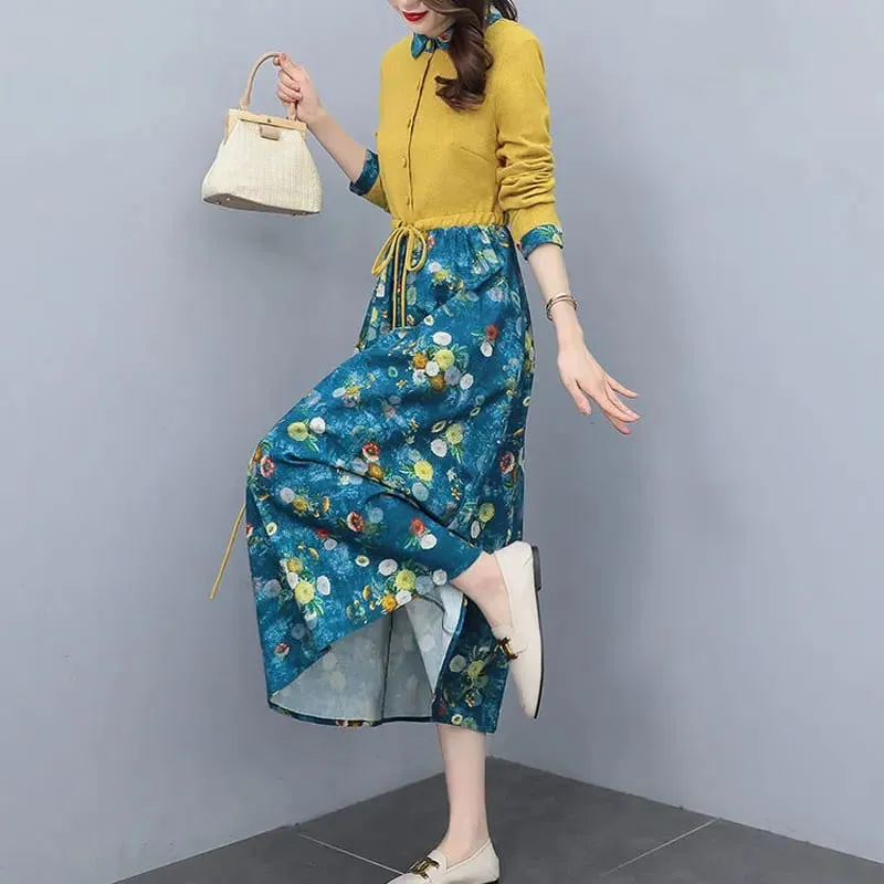 Women's Clothing Casual Printed Dresses Spring Autumn New Single-breasted Fashion Turn-down Collar Commute Drawstring Long Dress — image 4