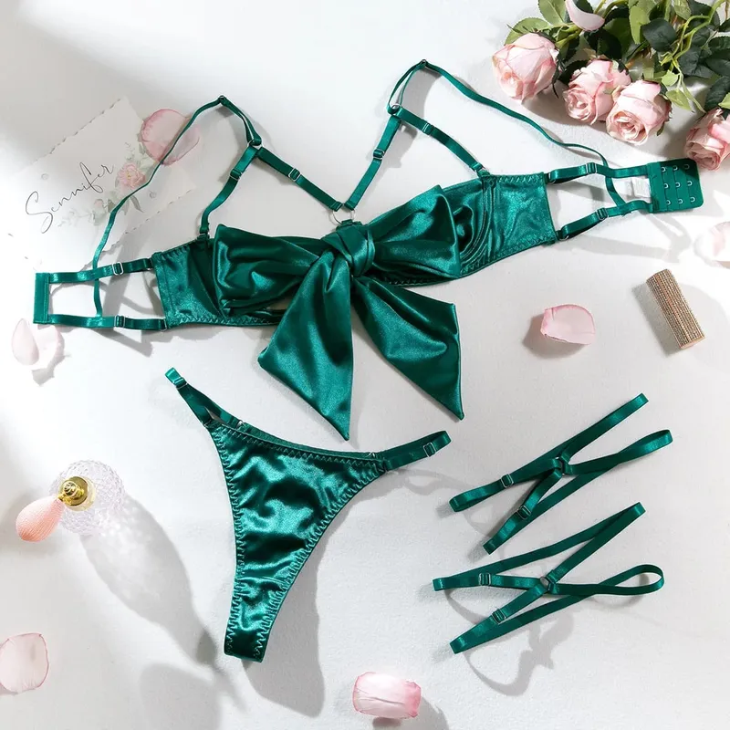 Sexy Solid Stain Lingerie Set Women's Hollow Out Bow Lace Up Exotic Apparel Suit Pure Desire Style Uniform Underwear Bra & Brief — image 9