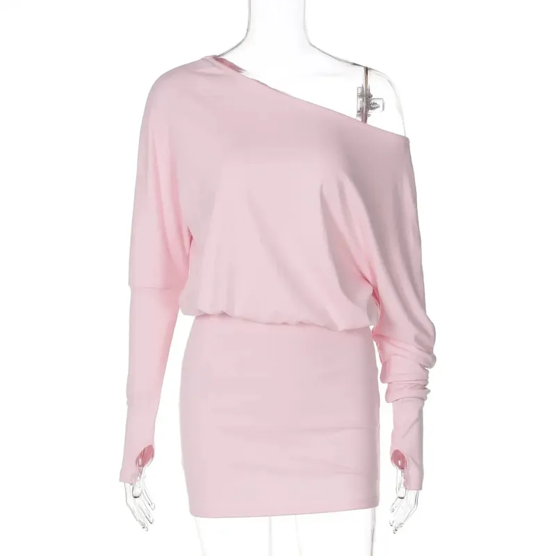 Woman Clothes Diagonal Collar Long Sleeve Package Hip Short Dress Streetwear Black Pink High Waist Tunics Slim Party Dresses — image 8