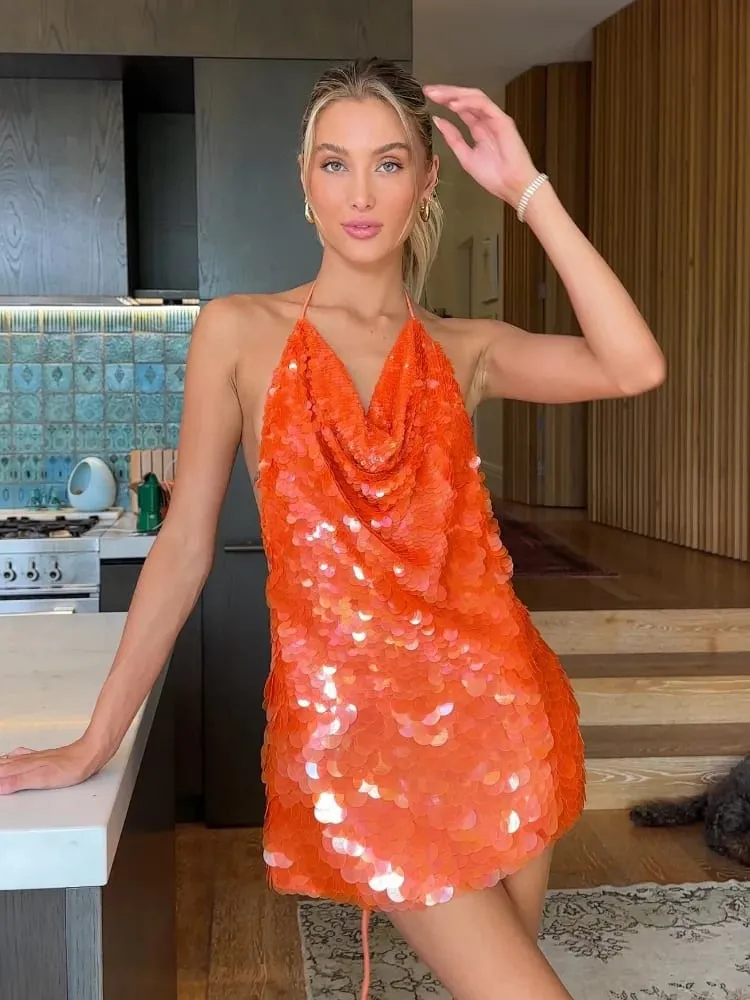 Sequins Glitter Halter Mini Dress Women Backless Sleeveless Evening Party Holiday High Waist Sexy Dresses 2025 New Fashion Night — image 2