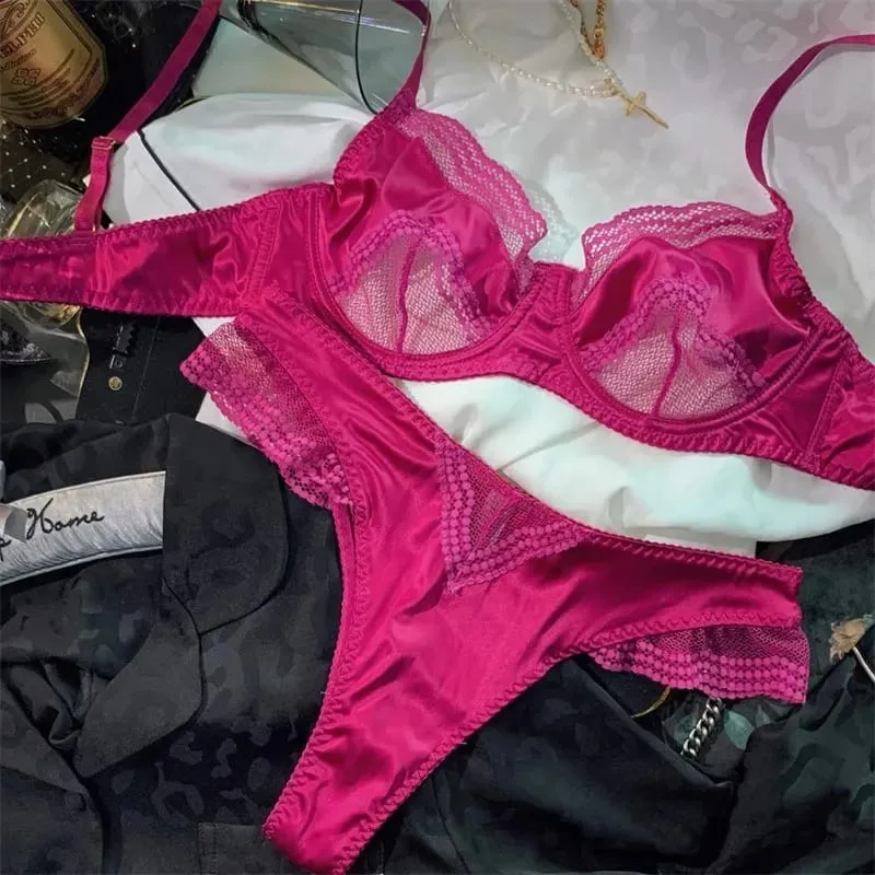 French Ice Silk Comfort Underwear Women Sexy Lace Ultra Thin Push Up Bra Set High Quality Brassiere Summer Breathable Lingerie — image 1