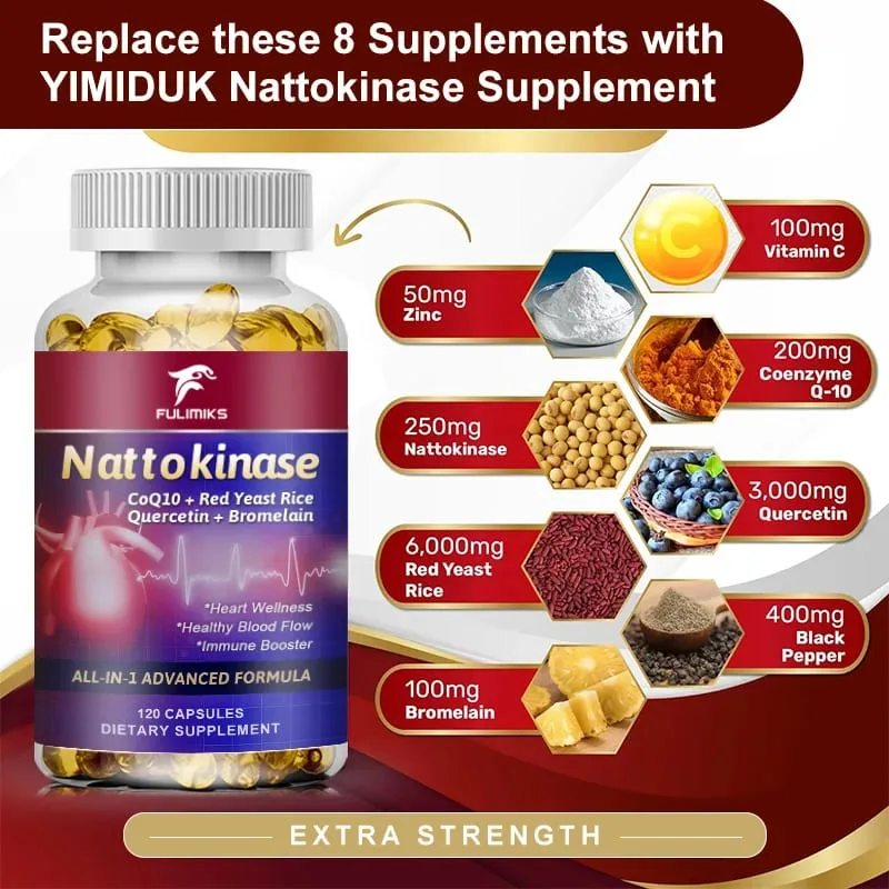 Nattokinase Capsules 10 100MG with CoQ10 + Red Yeast Rice Quercetin + Bromelain -Immune Booster