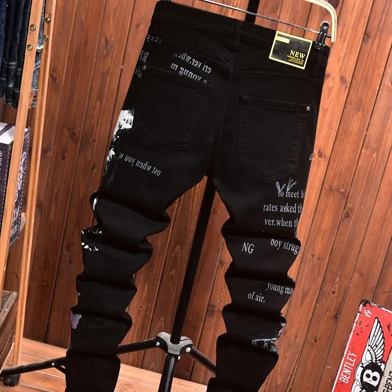 2025 Spring and Autumn New Fashion Trend Printed Black Straight Leg Jeans Men's Casual Comfort Breathable High Quality Pants — image 5
