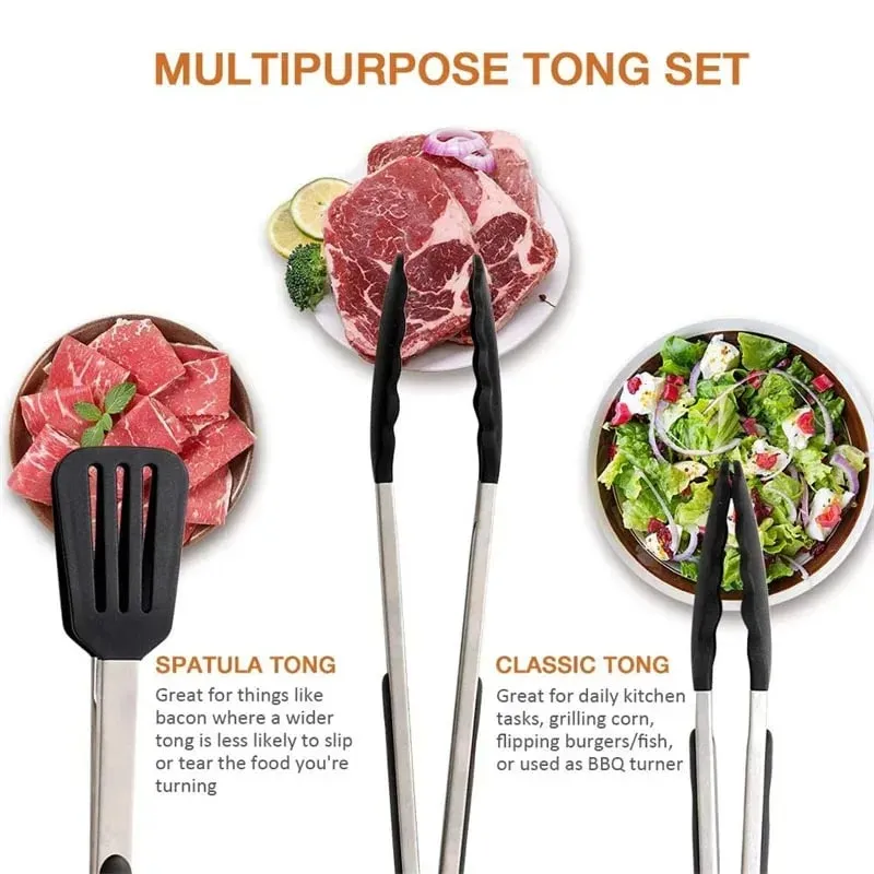 3pcs Silicone Kitchen Cooking Tongs Set Stainless Steel Nonstick Food Tongs Non-Slip Cooking Clip Clamp BBQ Salad Grill Tools