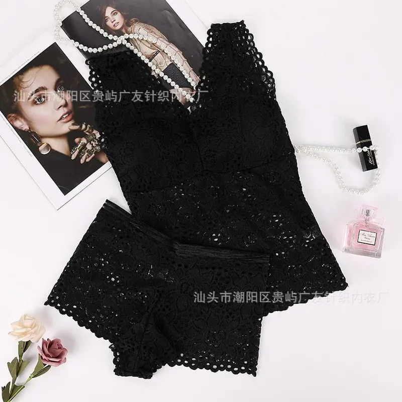 Wire Free Bra Set Lace Top Lingerie Sets Soft Women Bralette Tops Cross Back Underwea Bra and Panty Set Sport Push Up Bilizna