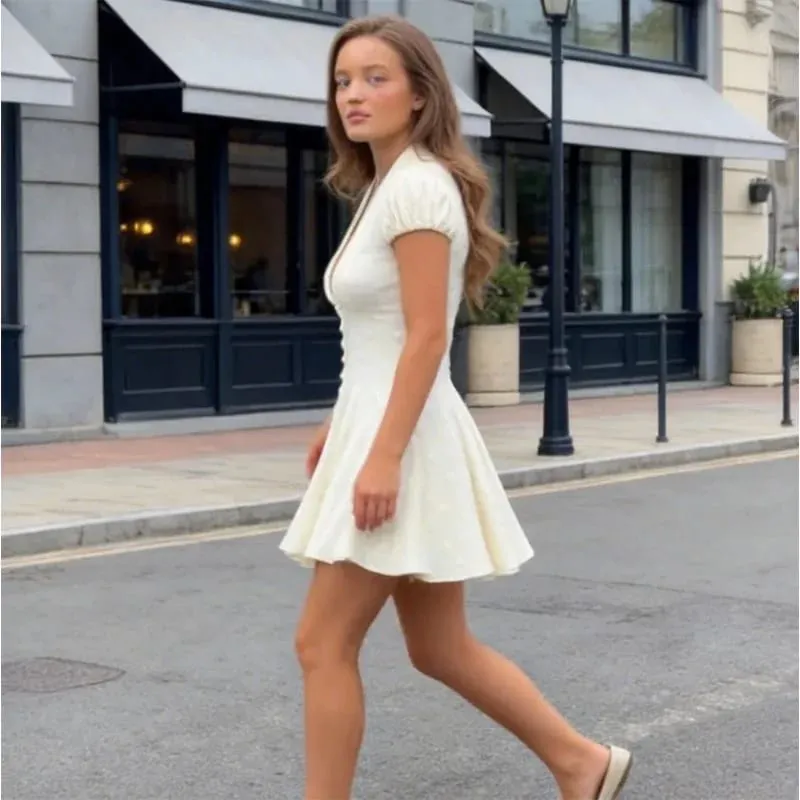 Polka Dot Slim Women Summer Mini Dress Solid Deep V-neck Puff Sleeves Pleated Front Button Short Dresses 2026 Lady Daily Wear