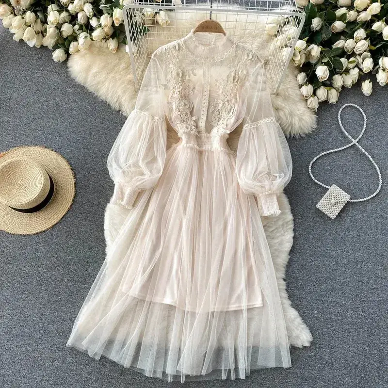 Ladies Dress Three-dimensional Flower Hook Mesh Temperament Stand Collar Lantern Sleeve High Waist Slim Female Dresses — image 9