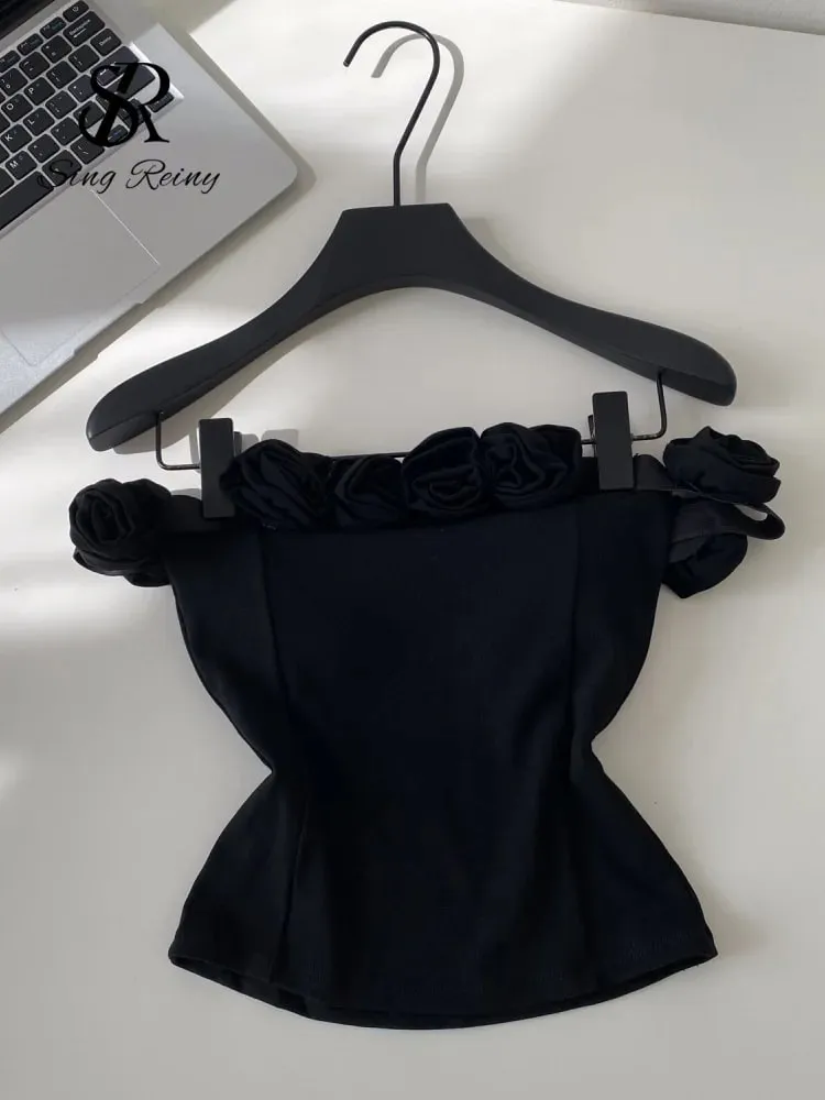 Fashion 3D Floral Solid Crop Top Women Strap Backless Elastic Waist Short Tank Top Korean Holiday Sexy Club Camisole