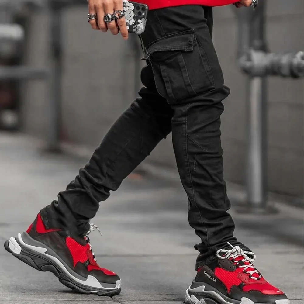 Street Elastic Jeans Men Denim Cargo Pants Wash Solid Color Multi Pockets Casual Mid Waist Trousers Slim Fit Daily Wear Joggers — image 5