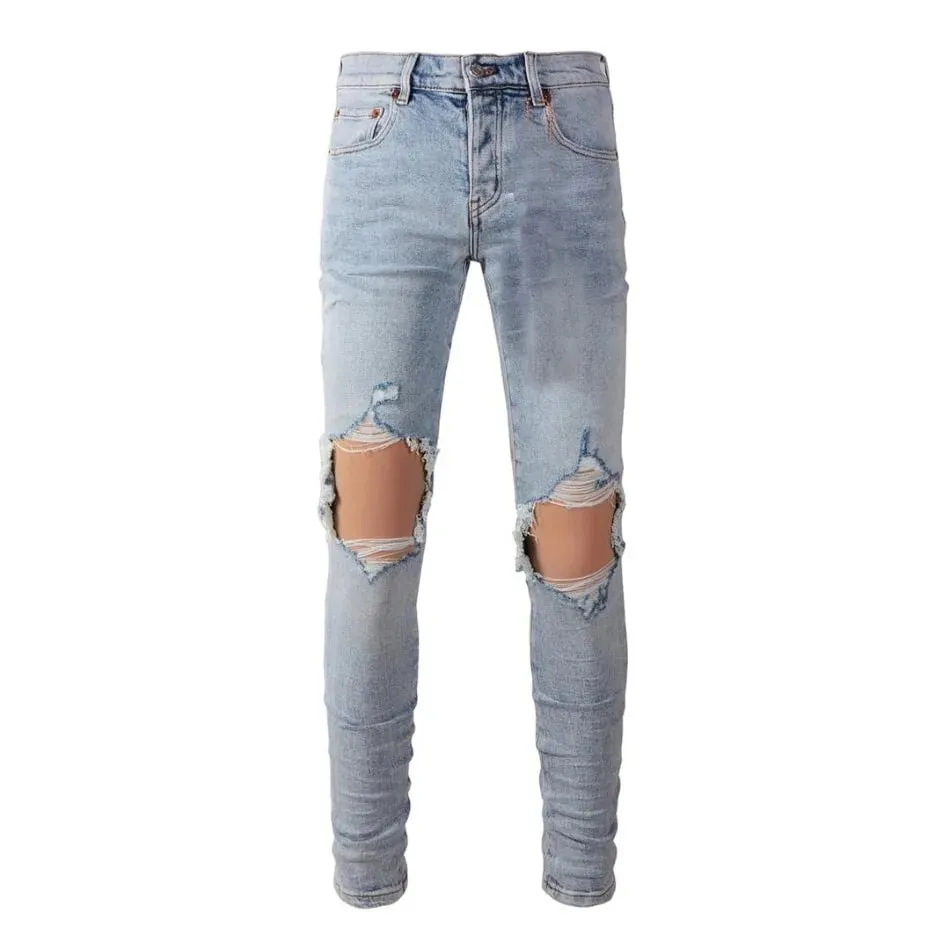 High Street Men's Jeans American Distressed Dark Black Coated Blank Stretch Skinny Button Fly Ripped Pants Trousers — image 3