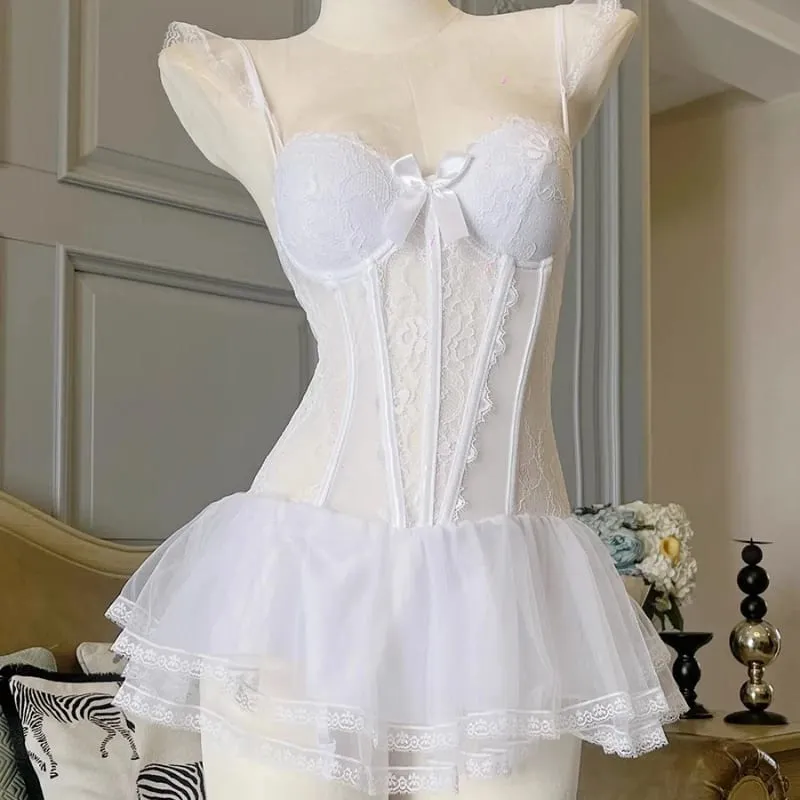 Sweet Ladies Bra & Brief Sets Fishbone Corset Lace Lingerie Strap Gathered Push Up Thin Pajamas with Chest Pads Adult Underwear — image 3