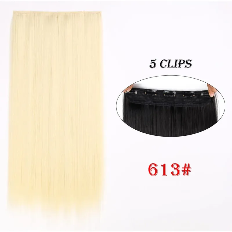 One Piece Clip In Hair Extensions 24" Straight Thick Synthetic Clip In Hairpieces Highlights Black Brown Soft For Women Daily