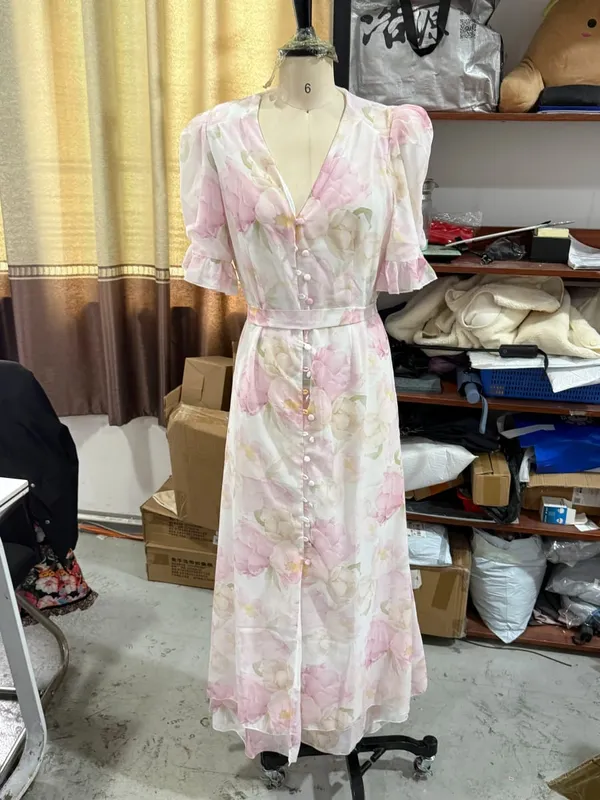 Abito lungo in chiffon con stampa floreale da donna Abito romantico con scollo a V profondo con maniche svolazzanti Abito alto e basso in pizzo 2026 Abito elegante da donna estivo — image 12