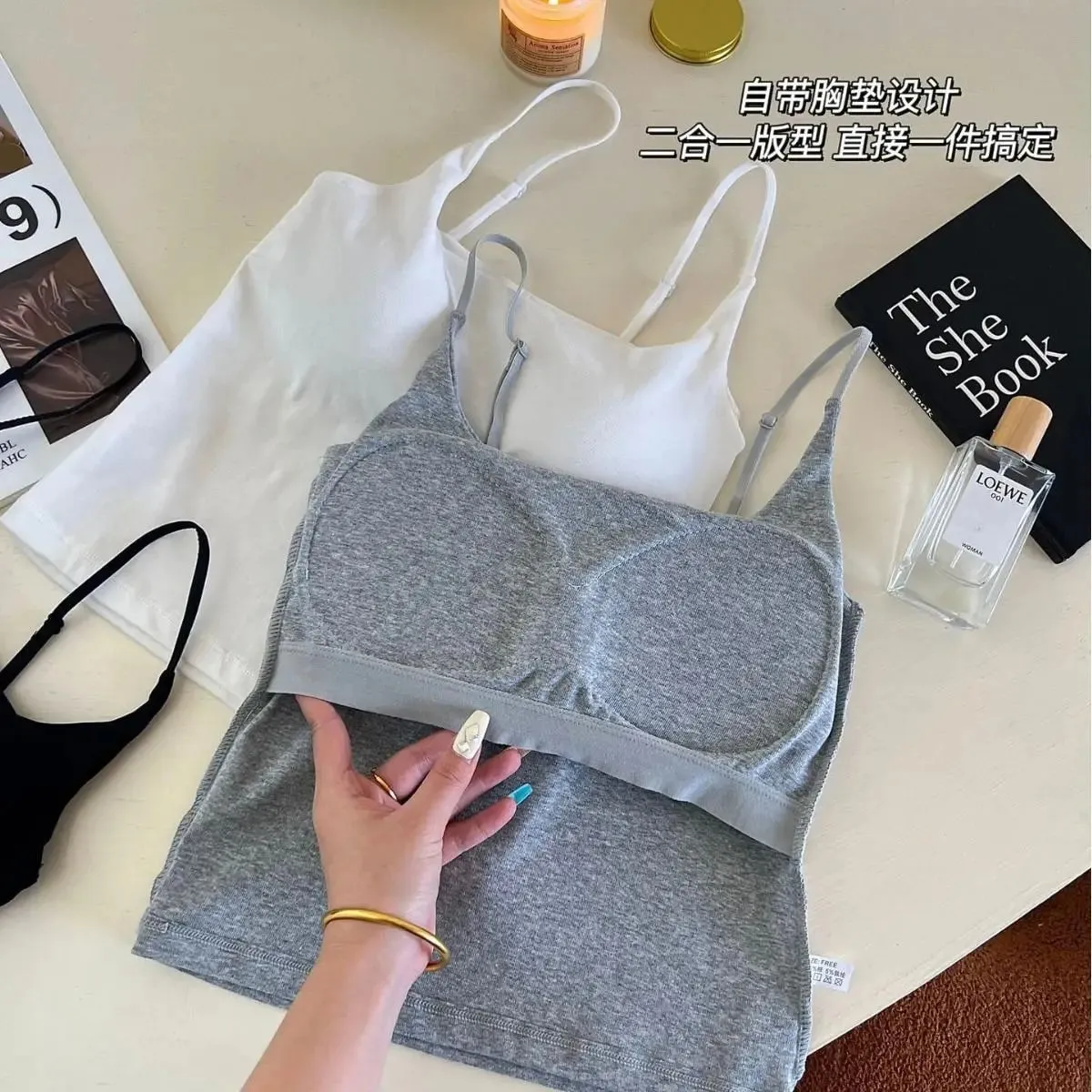 Basic Solid Camis Casual Sleeveless Spaghetti Strap Crop Top Square neck Tank tops With Built In Bra y2k Summer women Clothing — image 5