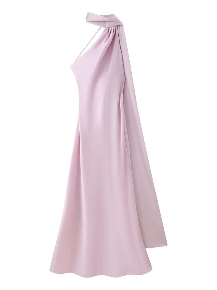 Elegant Ribbon Satin Long Party Dress Women Solid Sleeveless Backless Female Dresses 2026 Spring Summer Lady Chic Evening Gowns