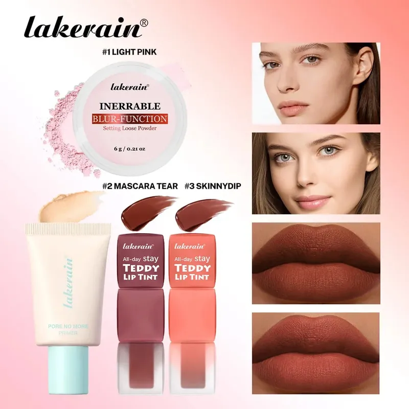 4pcs/set Pore No More Primer + Lip Tint + Loose Setting Powder Makeup Set Matte Long-Lasting Waterproof Effect Travel Portable