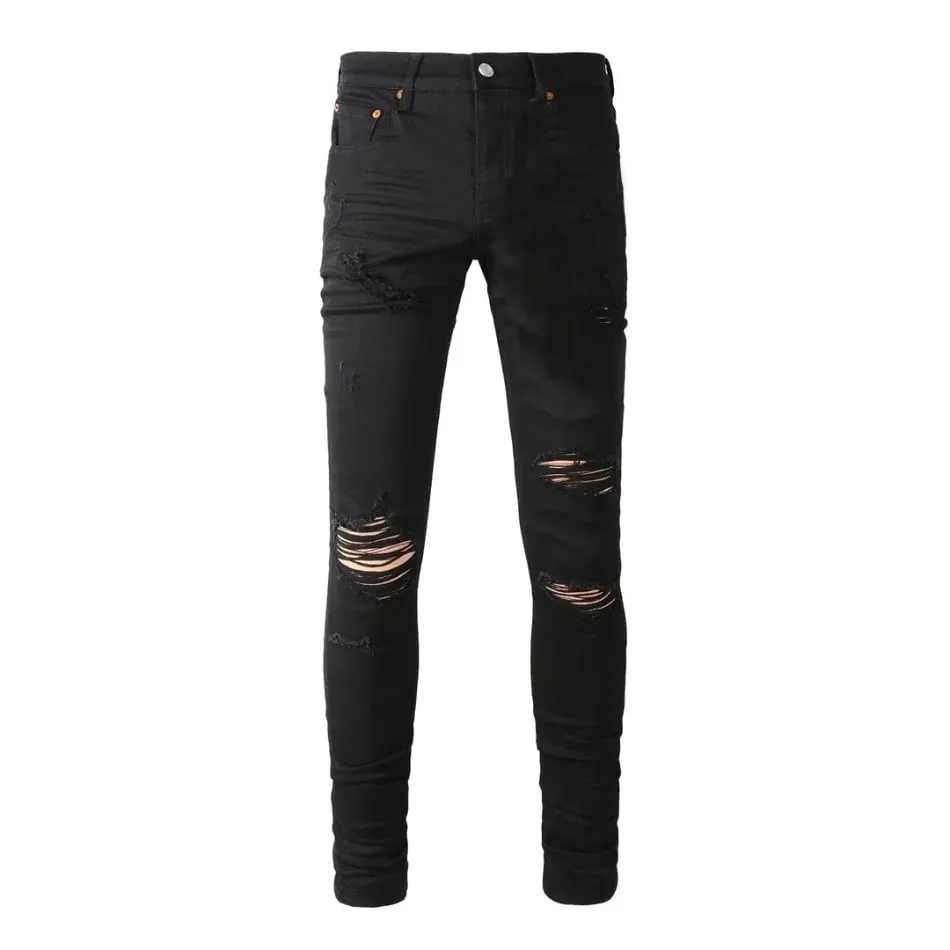 High Street Men's Jeans American Distressed Dark Black Coated Blank Stretch Skinny Button Fly Ripped Pants Trousers — image 6