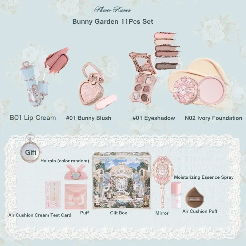 Flower Knows Bunny Garden Collection Lip Cream Blush Air Cushion CC Cream Liquid Foundation Makeup Set Full Professional — image 6