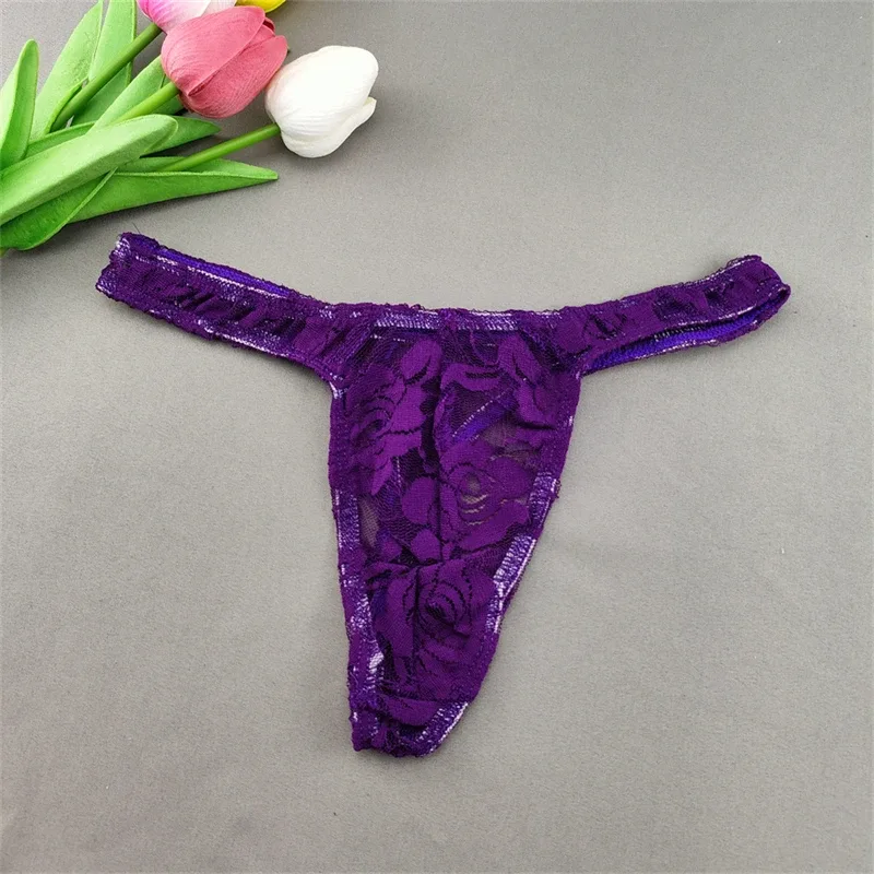 Lace Floral Sexy Men's Underwear Solid Hollow Perspective Thong Comfort Bugle Enhance Sissy G-String Gay Low Rise T-back Panties — image 20