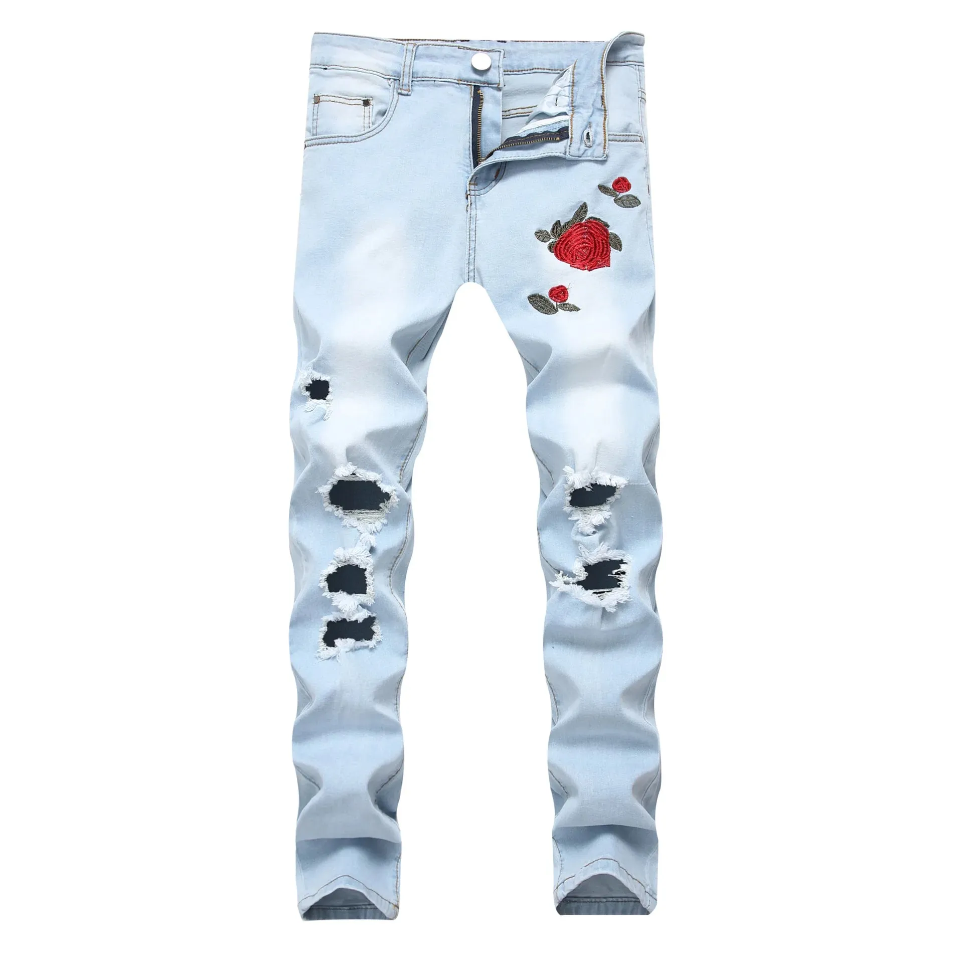 European and American Men's Casual Jeans with Embroidered Roses Fashionable Ripped Slim-fit Stretch Ankle-length Trousers — image 9