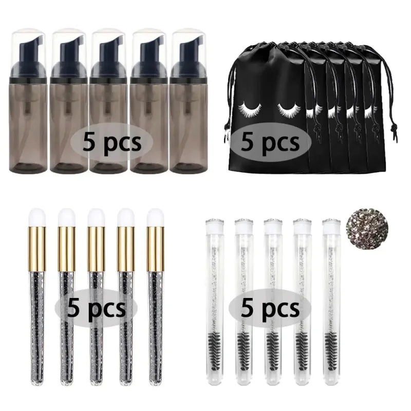 60ml plnitelná prázdná lahvička s plastovou pumpičkou Čisticí sada pro prodloužení řas Dlouhý kartáč na řasy Kulma na řasy Dust Tube EVA úložný sáček Nástroje