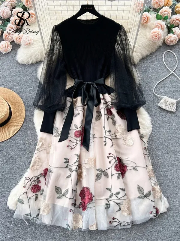 Senior Knitted Patchwork Dress Long Lantern Sleeves Bow Mesh Embroidery Floral Women Autumn France Elegant Party Dress