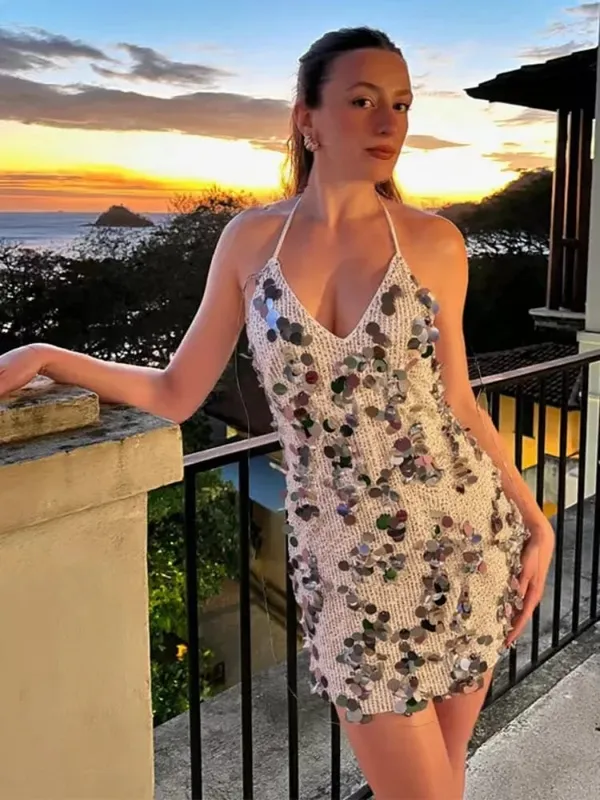 Dámské jednobarevné flitrové minišaty ohlávka s výstřihem hlubokým výstřihem do V bodycon bez rukávů Třpytivé vestidos formální klubové koktejlové šaty Nové — image 13