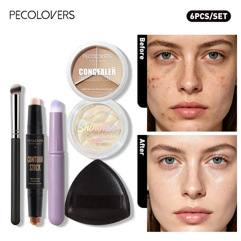 6PCS/SET Three-color Concealer Double-head Contour Stick Sparkle Highlight Palette Puff And Makeup Brush Set — image 3
