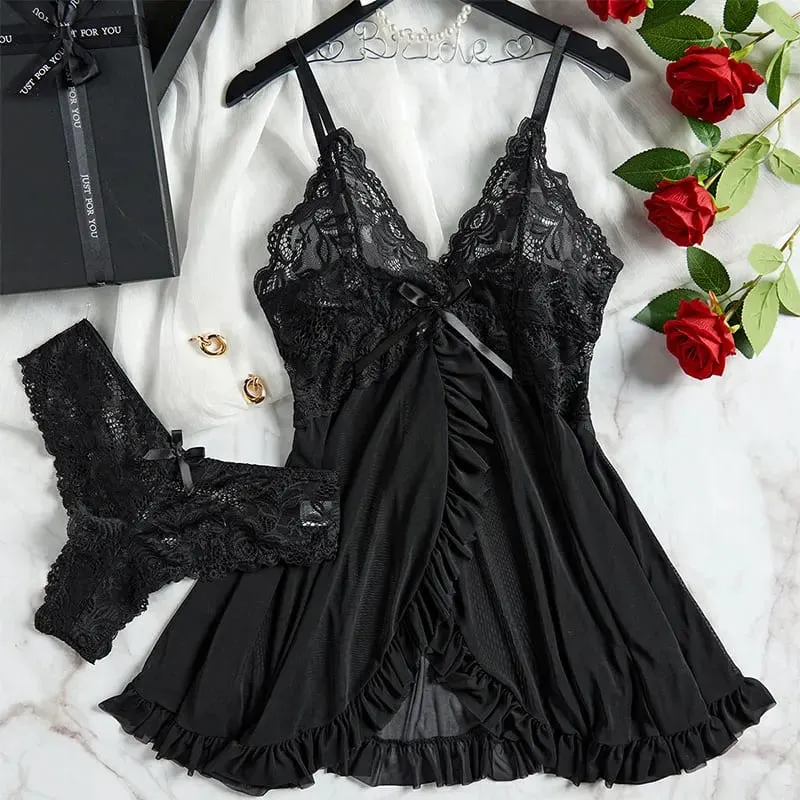 Women's Sexy Lingerie Dress Thin Style G-string Contrast Lace Ruffle Trim Lingerie Set Deep V Slip Thong Lencería Mujeres — image 7