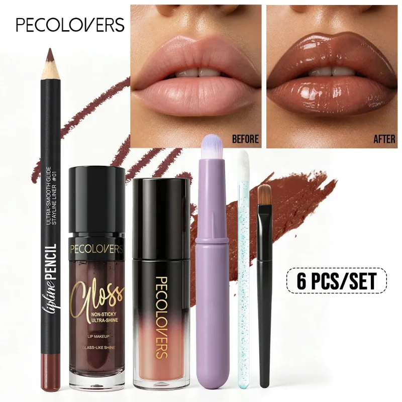6PCS/SET Lip Makeup Set Smooth Lip Liner Glass Shine Lip Gloss & Lip Brushes Long Wear Hydrating Lip Makeup for Beginners — image 4