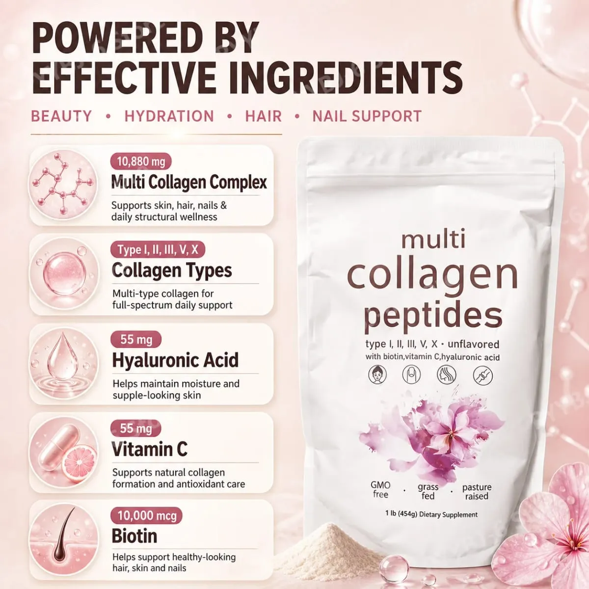 Multi Collagen Peptides Powder 454 g Unflavored Collagen Blend med Vitamin C Biotin Hyaluronsyre Hud Hår Negle Støtte — image 4
