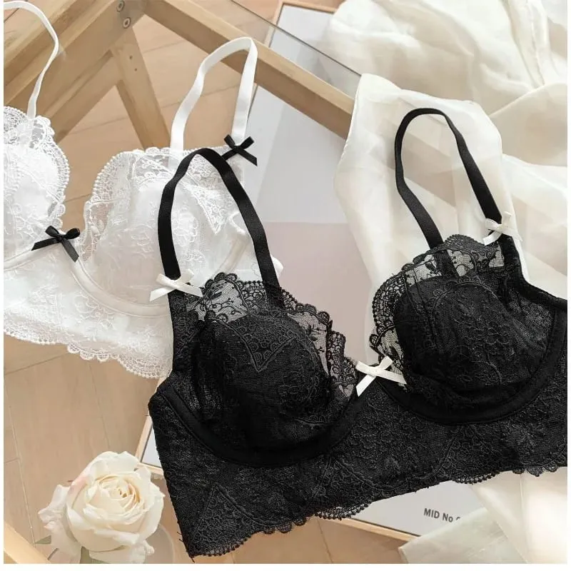 French Lace Lingerie Set Women Wirefree Minimizer Support Summer Ultra Thin Bra Large Chest Petite Look Bunny Ears — image 2
