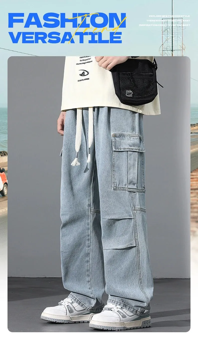Large Pocket Baggy Jeans Men's 2025 New Spring Classic Straight Denim Trousers Street Y2K Elastic Waist Casual Cargo Pants — image 9
