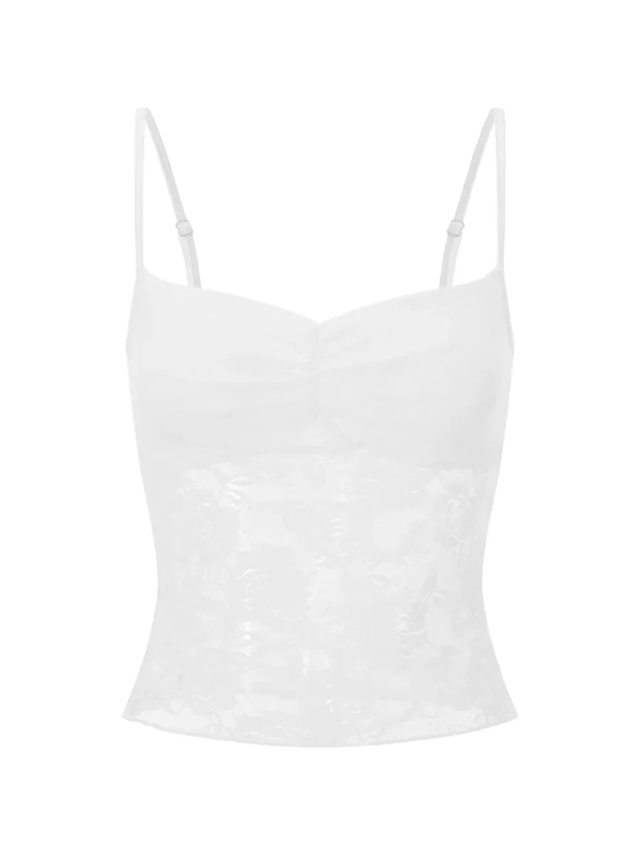 Baju Atasan Cami Renda Musim Panas Wanita Tanpa Lengan Ruched Depan Warna Pejal Kamisol Slim Fit Tank Top — image 6