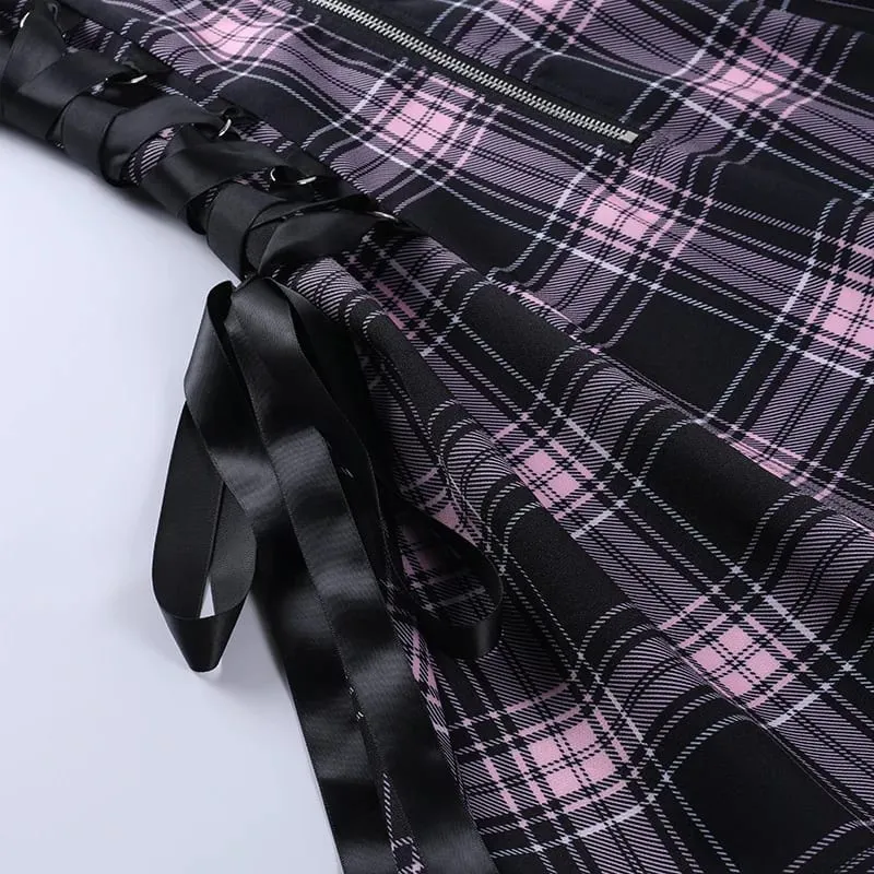 Goth Chic Y2K Blue Plaid Print Mini Dress with Side Tie Center Zipper A-Line Slip Bustier Sleeveless Dress for Women Fashion — image 5