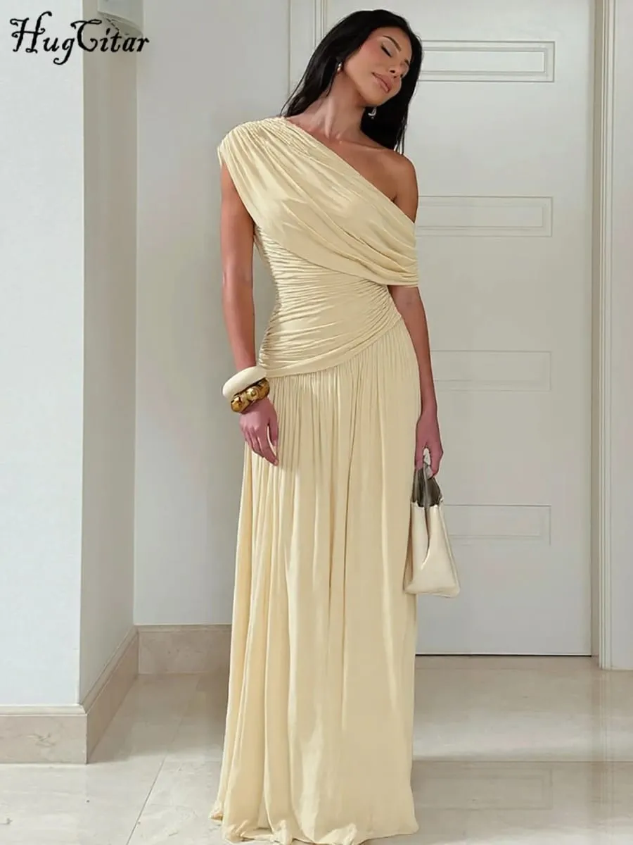 Hugcitar One Shoulder Ruched Sleeveless Solid Pleated Sexy Irregular Y2K Maxi Dress Summer Elegant Party Women Clothes Vacation — image 1