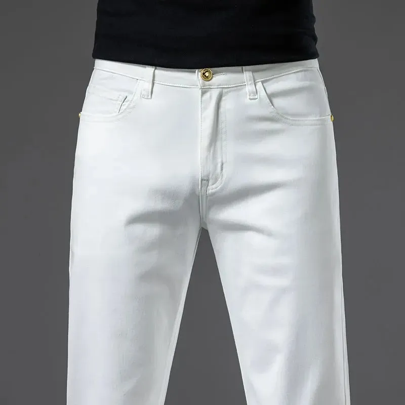 2026 New High Quality Casual Men White Jeans Mid-Waist Straight Stretch Denim Trousers Cotton Comfortable Regular Denim Pants — image 2