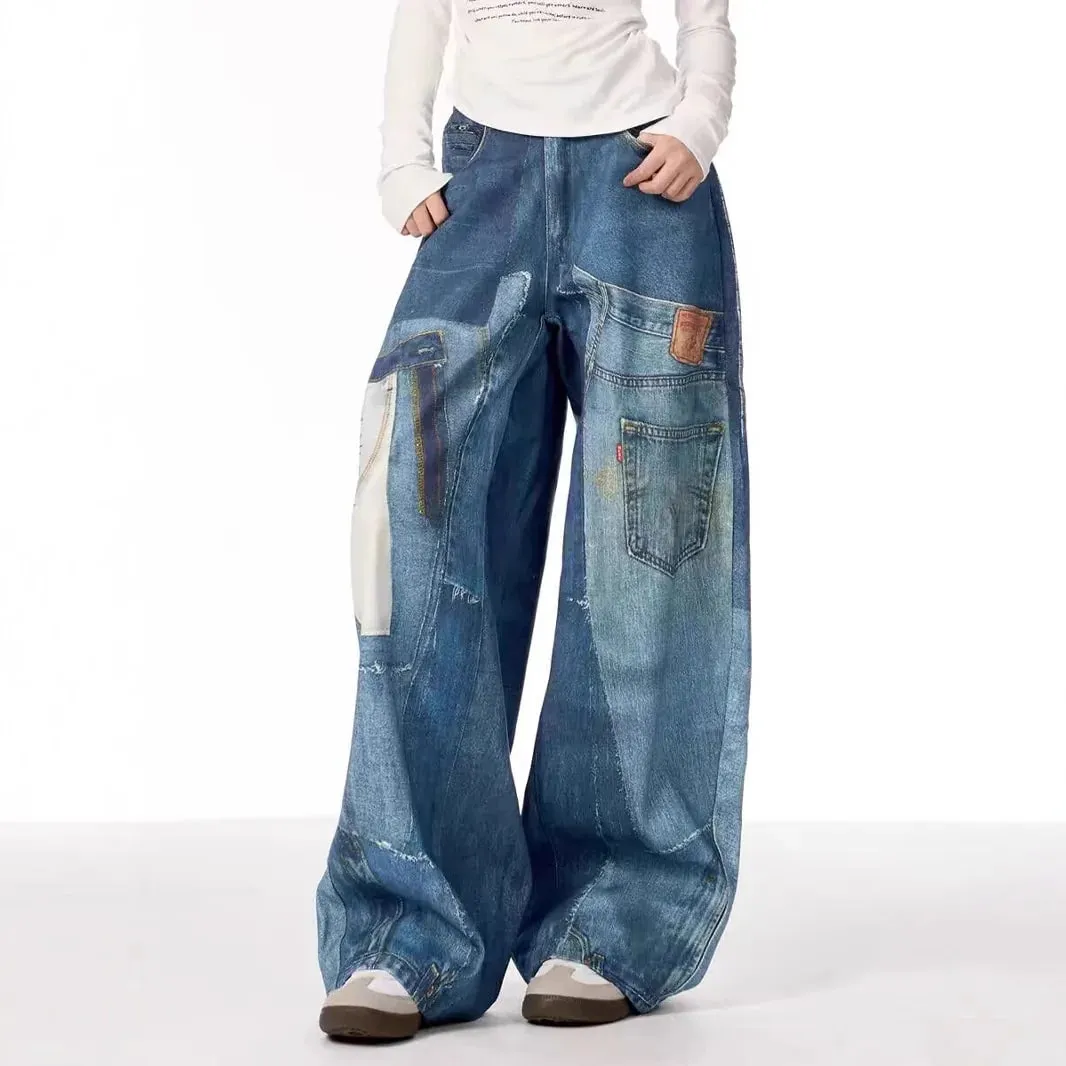 2025 American High Street Retro Design Patch Splicing Printed Jeans Men's and Women's Loose Straight Wide-leg Trousers — image 2