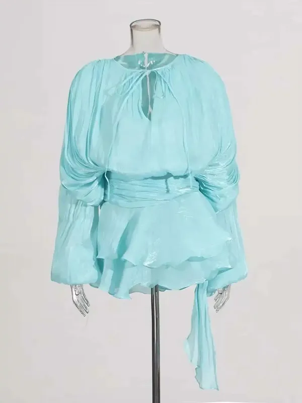 Solid Blouse Mini Dresses For Women V Neck Long Sleeve Spliced Lace Up Sweet Style Dress Female Clothing Fashion — image 21