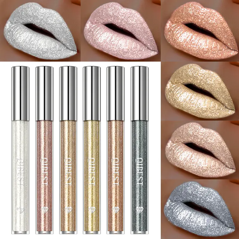 Glitter Diamond Liquid Lipstick Waterproof Long Lasting Pearl Shiny Lip Gloss Metal Charming Women Lip Makeup 6 Colors