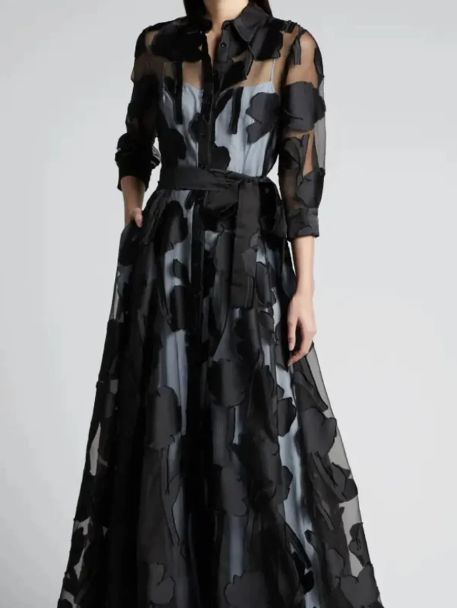 Elegant Three-Quarter Sleeve Knotted Waist Jacquard Mesh Maxi Dress for Women No Lining Transparent Club Party Long Dress — image 3