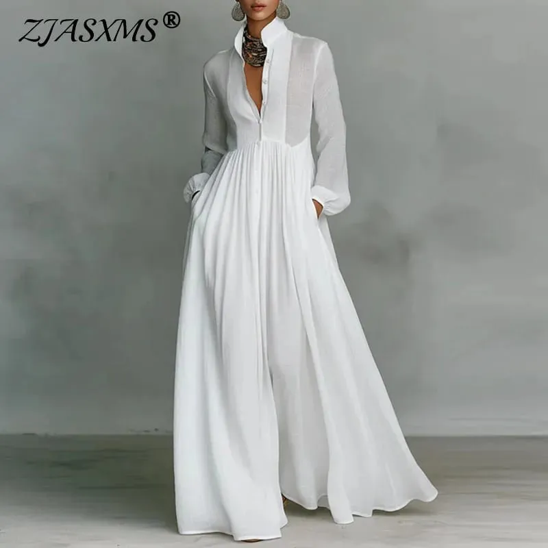 Robe longue française élégante, taille haute, balançoire, poches solides, plissée, Maxi, manches longues, boutons, robe de soirée, printemps, automne — image 2