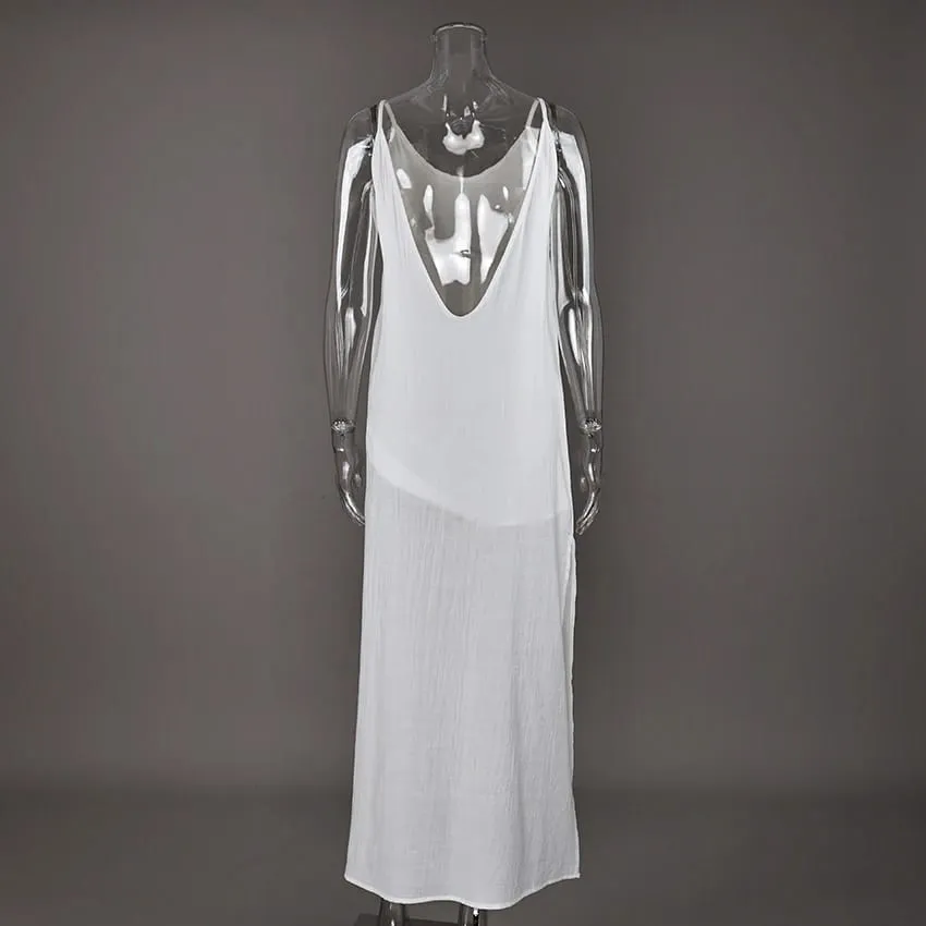 Linad Summer Casual White Long Dress Sexy Loose Backless Split Dresses Woman Street Chic V Neck Straight Dress For Women 2025 — image 6